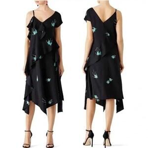 Diane von Furstenberg Black Bird Print Asymmetric Silk Jersey Ruffle Dress